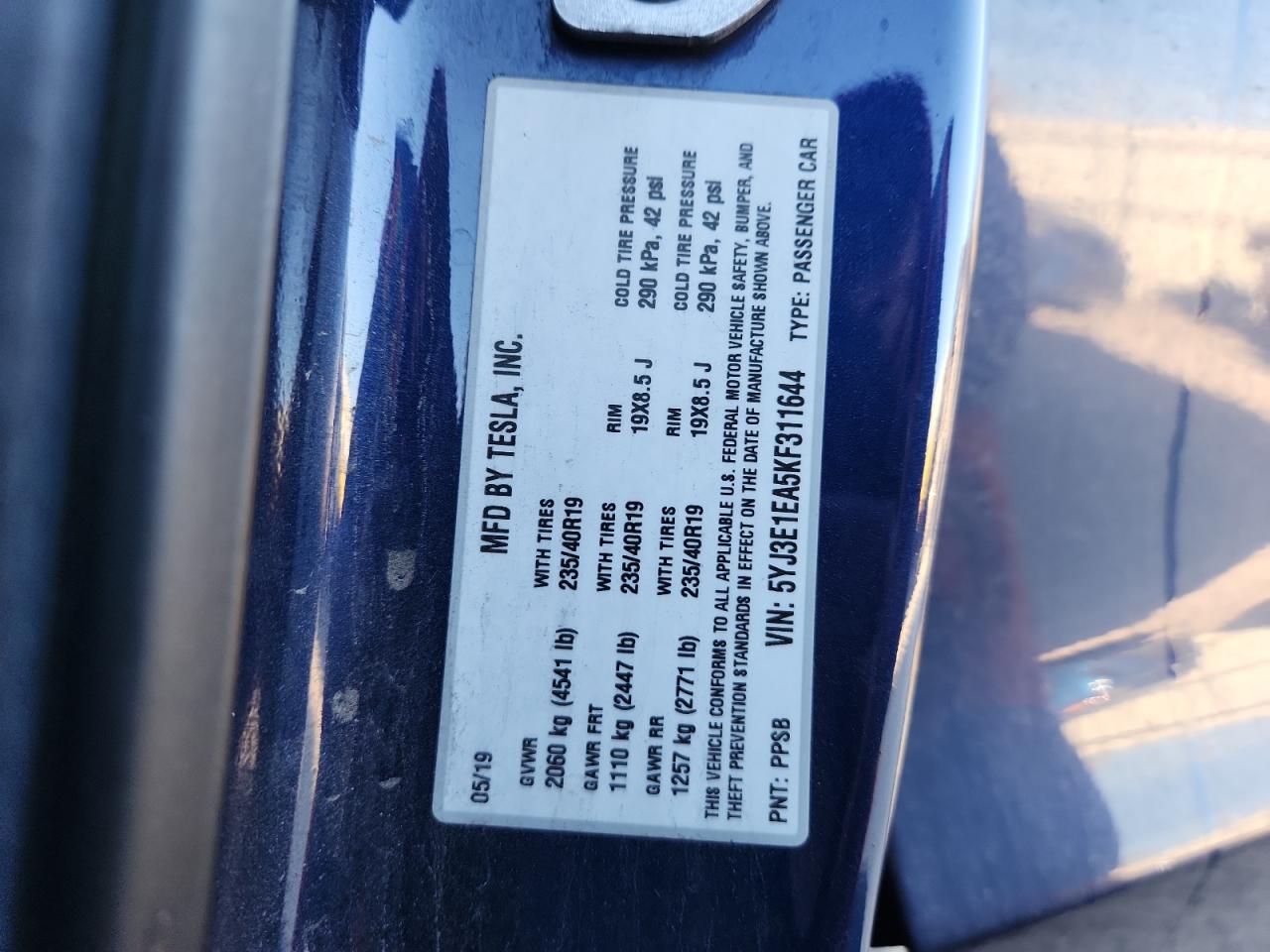 2019 Tesla Model 3 VIN: 5YJ3E1EA5KF311644 Lot: 93128075