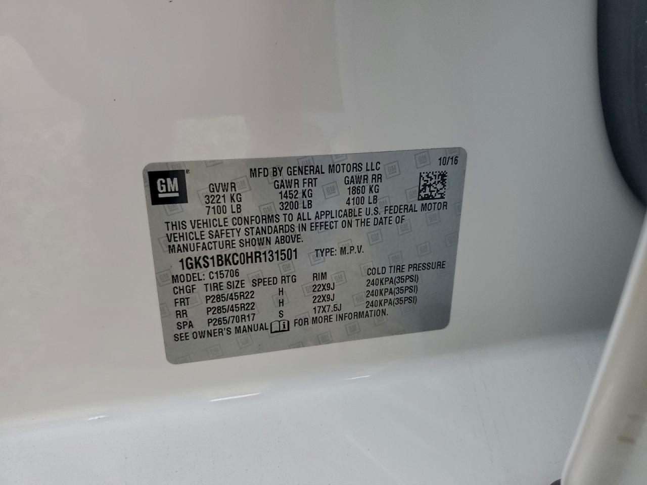 2017 GMC Yukon Slt VIN: 1GKS1BKC0HR131501 Lot: 93768915