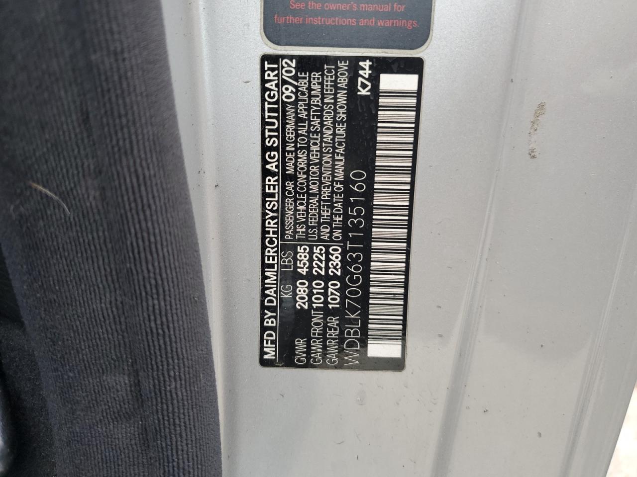 2003 Mercedes-Benz Clk 430 VIN: WDBLK70G63T135160 Lot: 91265255