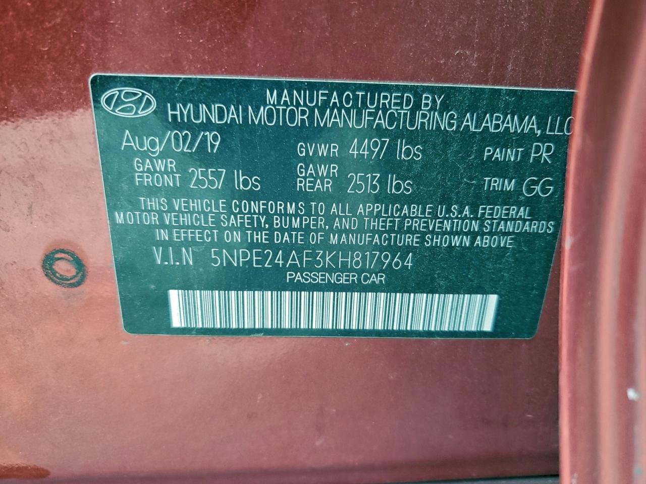 2019 Hyundai Sonata Se VIN: 5NPE24AF3KH817964 Lot: 92785445