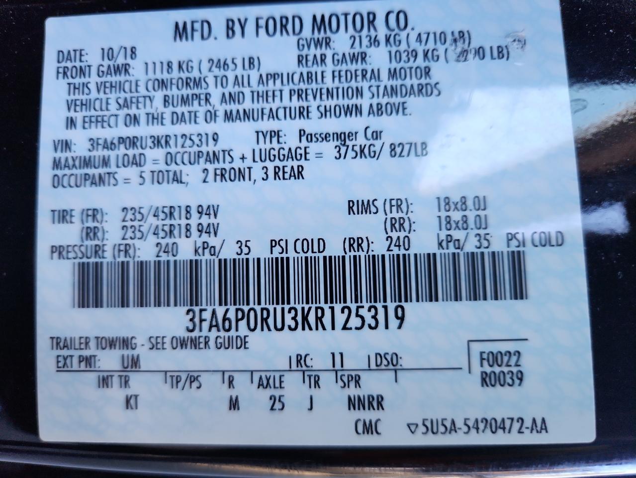 2019 Ford Fusion Titanium VIN: 3FA6P0RU3KR125319 Lot: 93133615