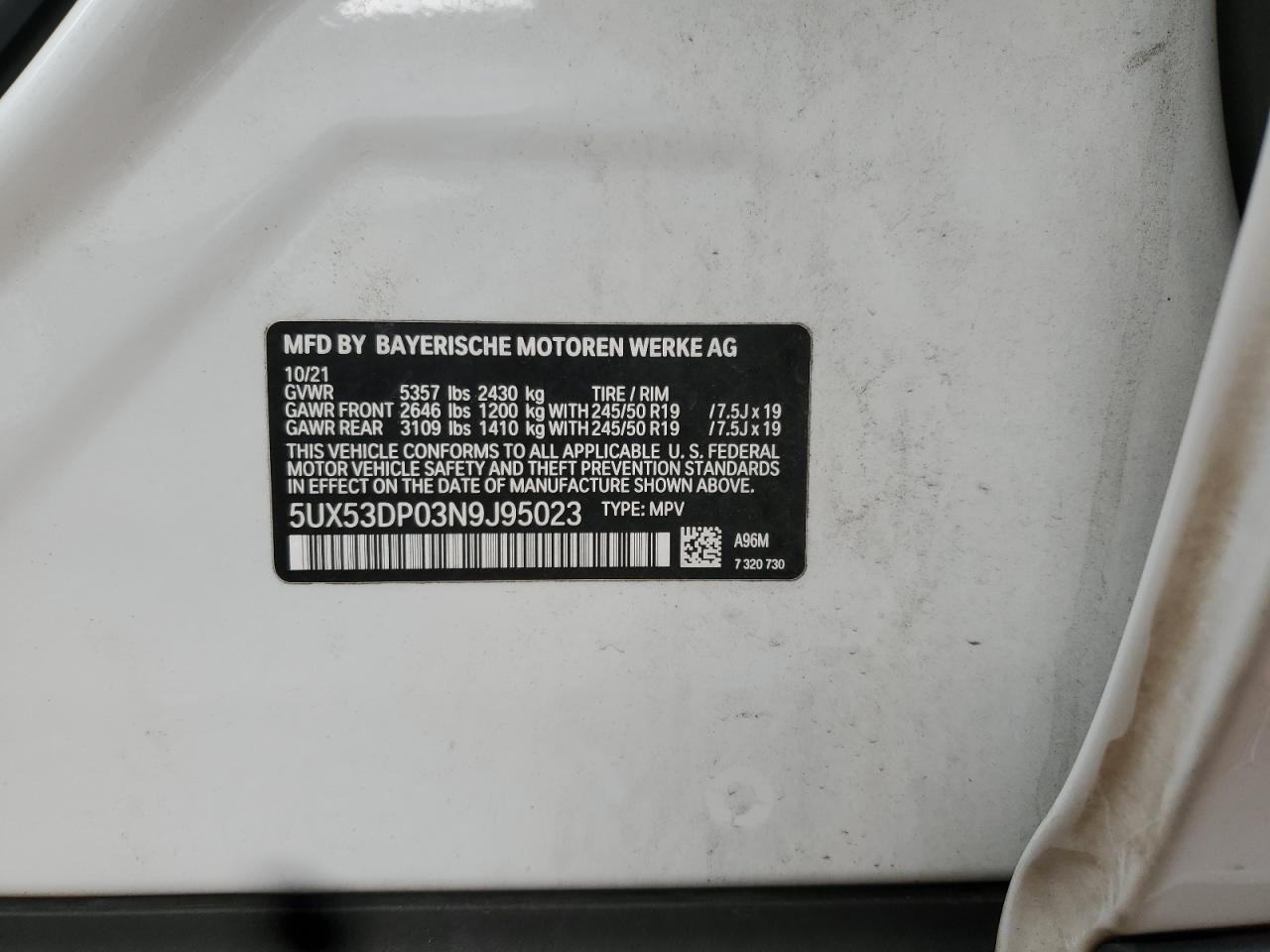 2022 BMW X3 xDrive30I VIN: 5UX53DP03N9J95023 Lot: 93123175