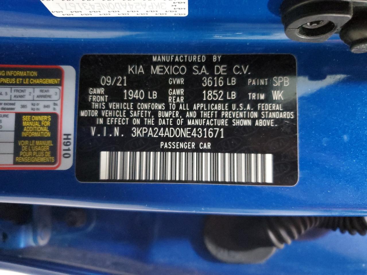 2022 Kia Rio Lx VIN: 3KPA24AD0NE431671 Lot: 92921165