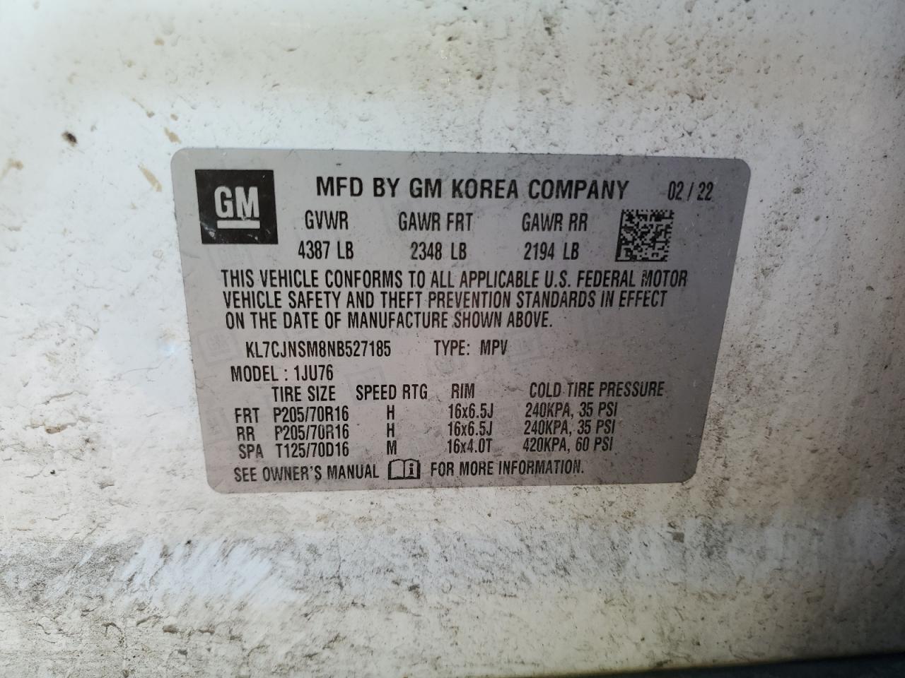 2022 Chevrolet Trax Ls VIN: KL7CJNSM8NB527185 Lot: 92885015