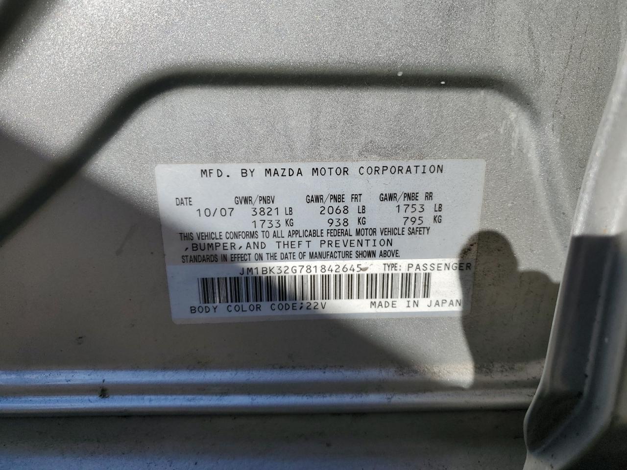 2008 Mazda 3 I VIN: JM1BK32G781842645 Lot: 91787005