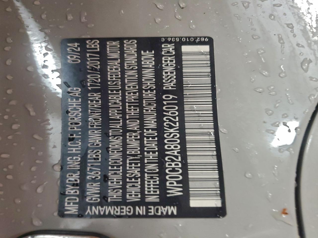 2025 Porsche Boxster S VIN: WP0CB2A80SK226019 Lot: 94483065