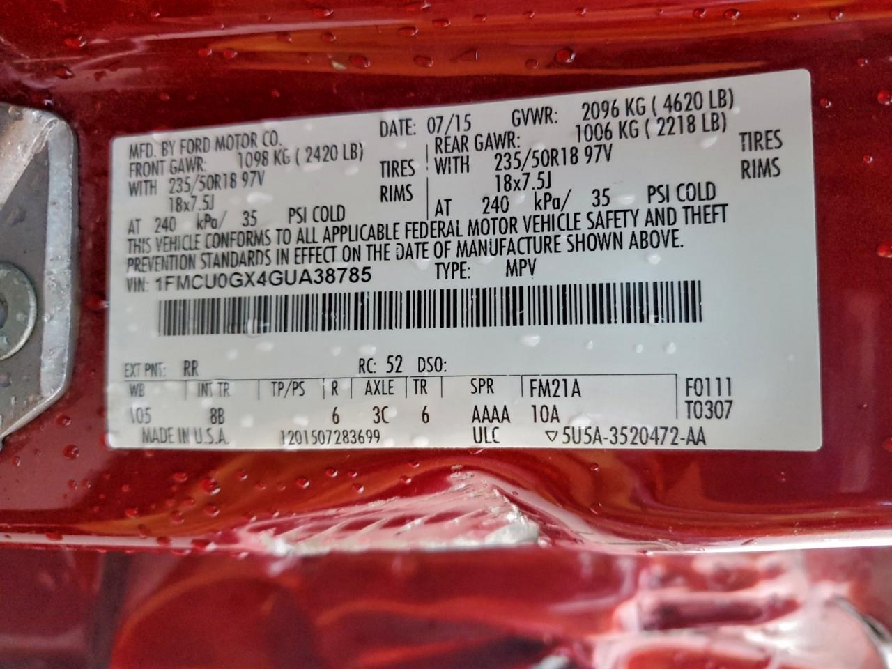 2016 Ford Escape Se VIN: 1FMCU0GX4GUA38785 Lot: 94256495