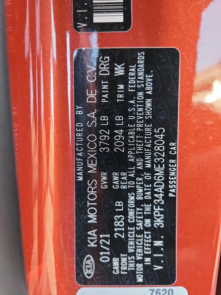 2021 Kia Forte Gt Line VIN: 3KPF34AD6ME328045 Lot: 93486295