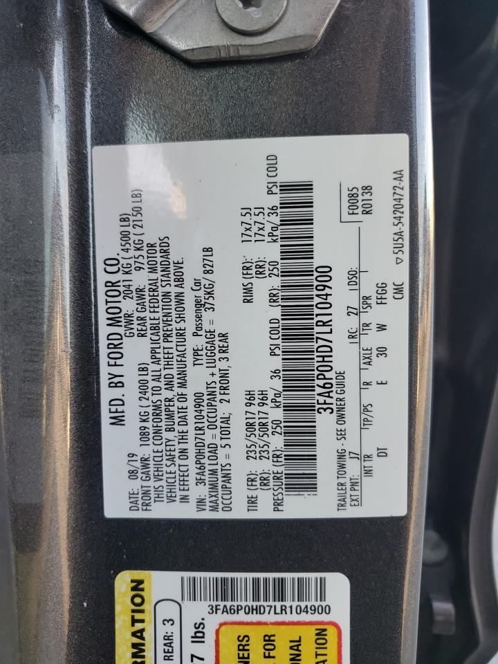 2020 Ford Fusion Se VIN: 3FA6P0HD7LR104900 Lot: 92011835