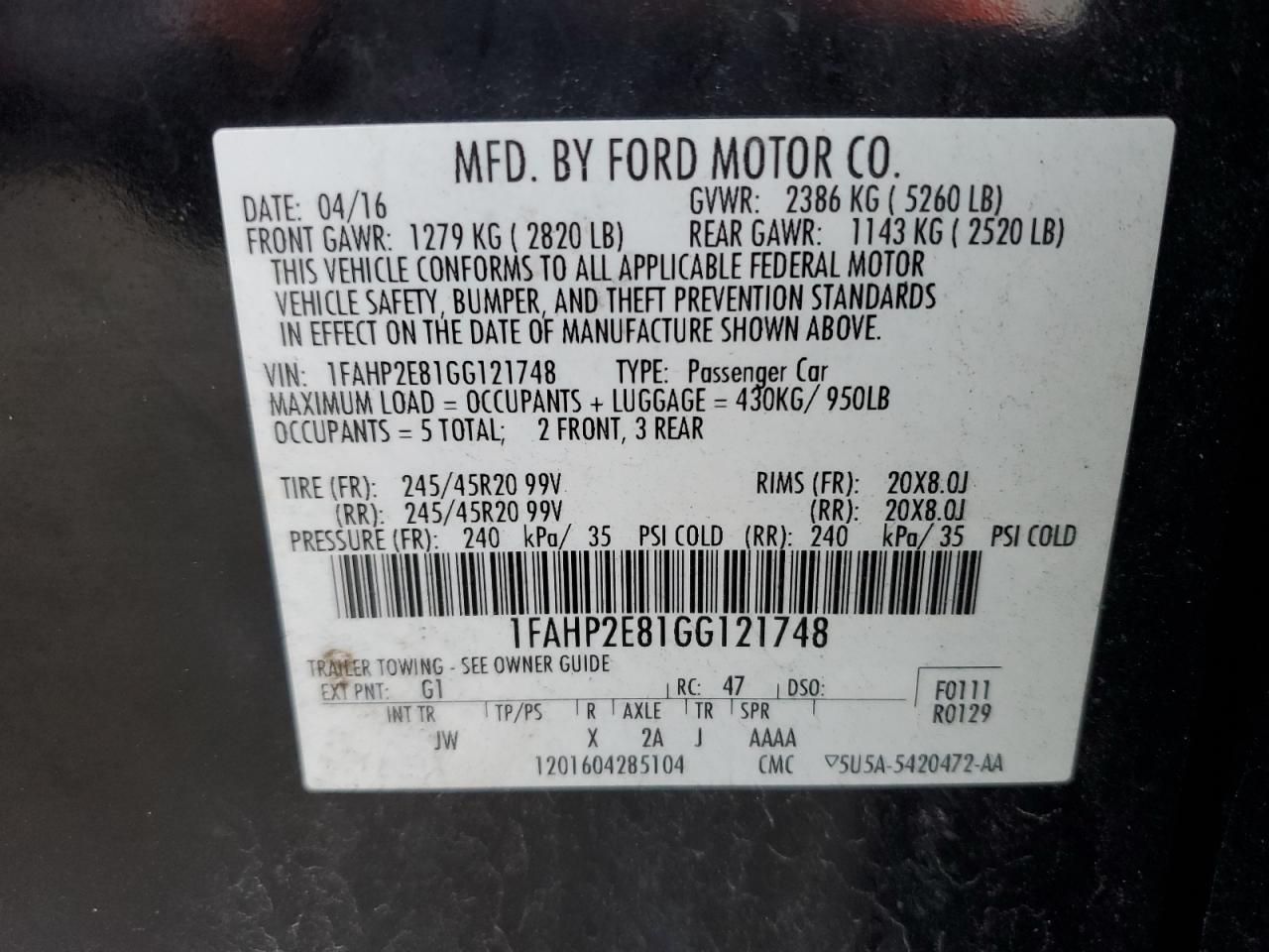 2016 Ford Taurus Sel VIN: 1FAHP2E81GG121748 Lot: 91039055