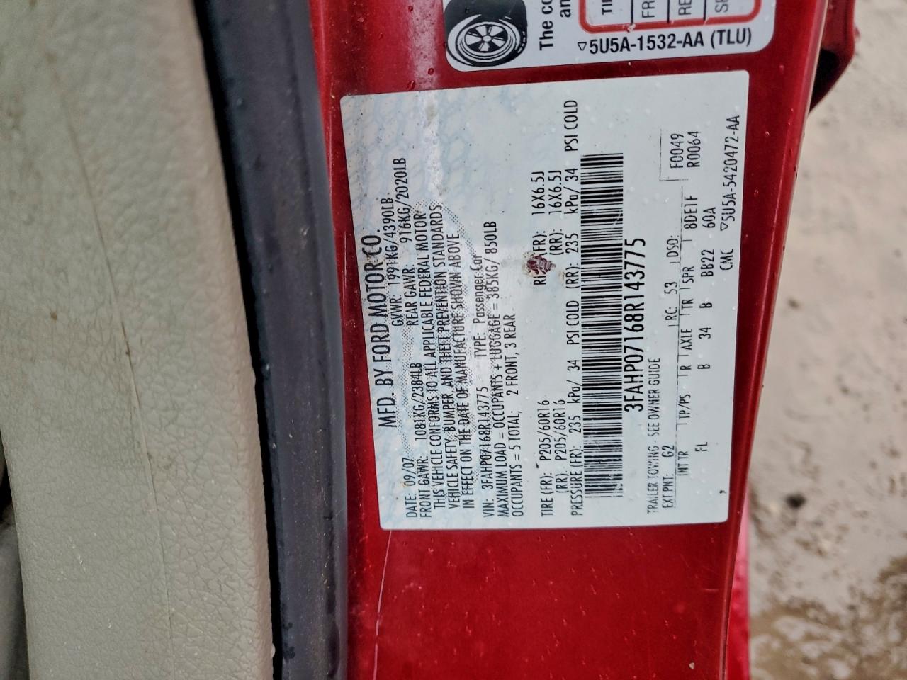 2008 Ford Fusion Se VIN: 3FAHP07168R143775 Lot: 94164945