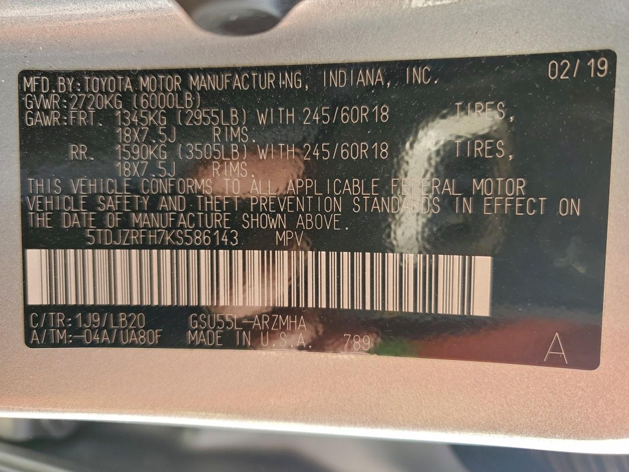 2019 Toyota Highlander Se VIN: 5TDJZRFH7KS586143 Lot: 93762485