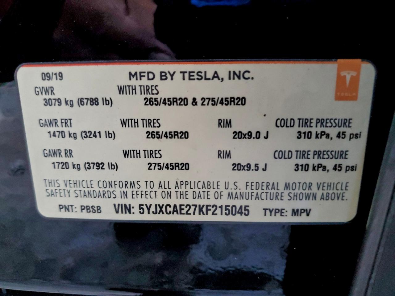 2019 Tesla Model X VIN: 5YJXCAE27KF215045 Lot: 94101175