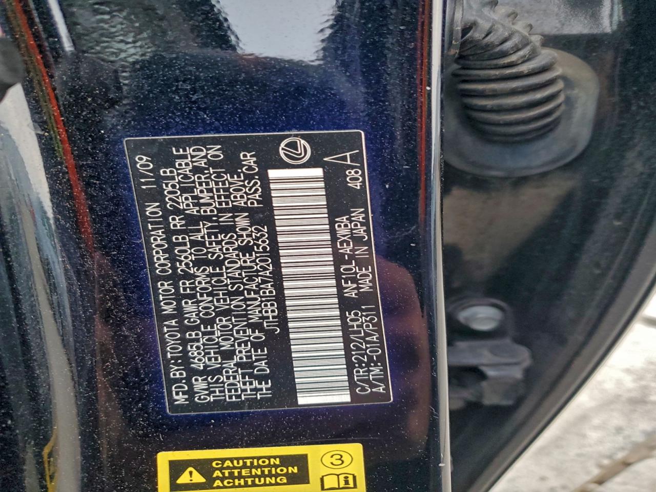 2010 Lexus Hs 250H VIN: JTHBB1BA7A2015632 Lot: 93975585