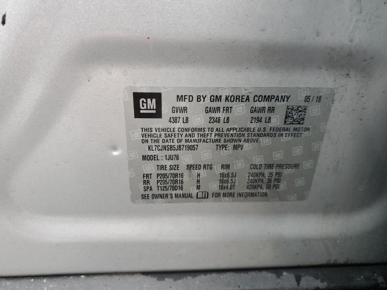 2018 Chevrolet Trax Ls VIN: KL7CJNSB5JB719057 Lot: 91775075