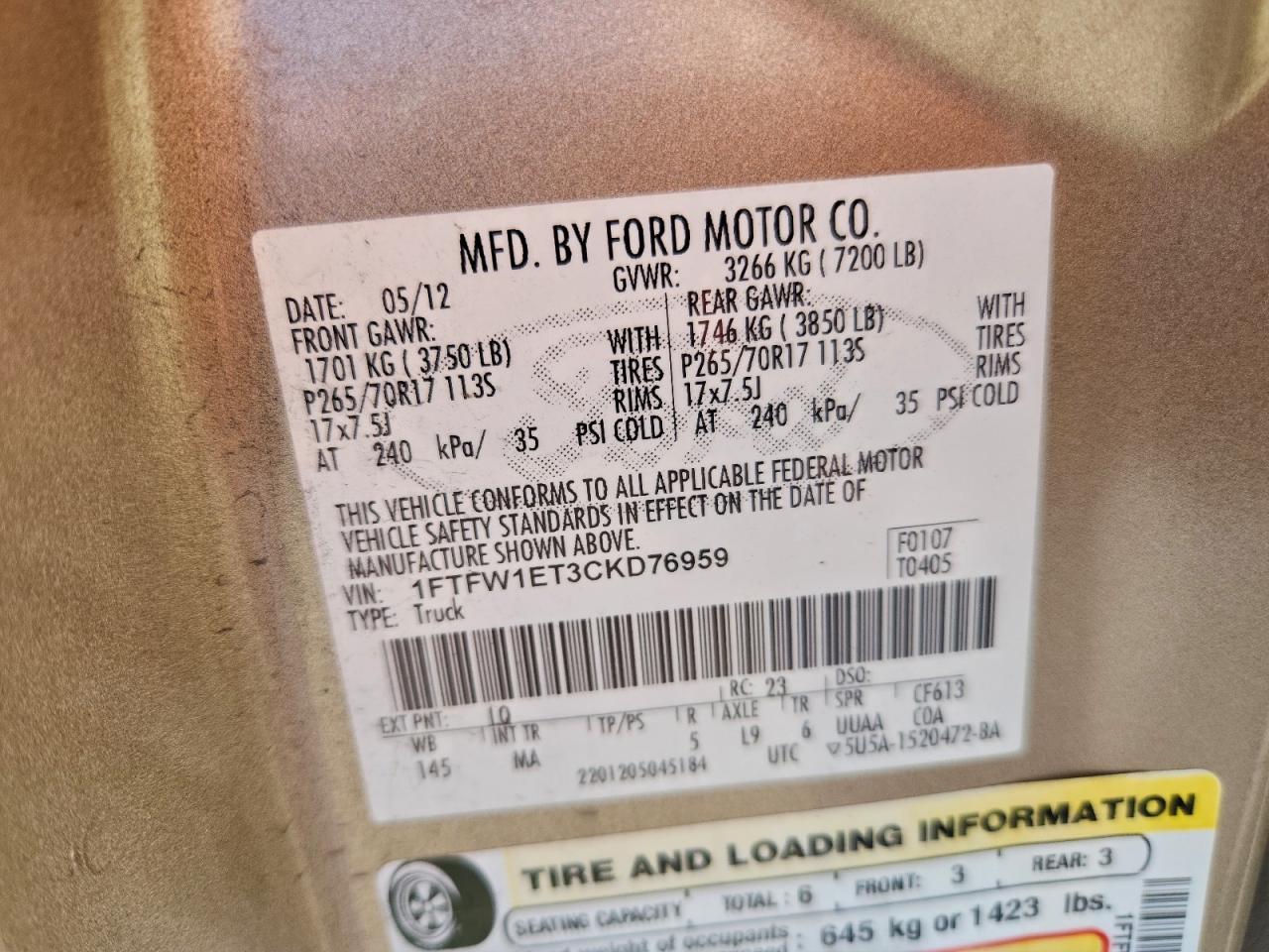 2012 Ford F150 Supercrew VIN: 1FTFW1ET3CKD76959 Lot: 94195025