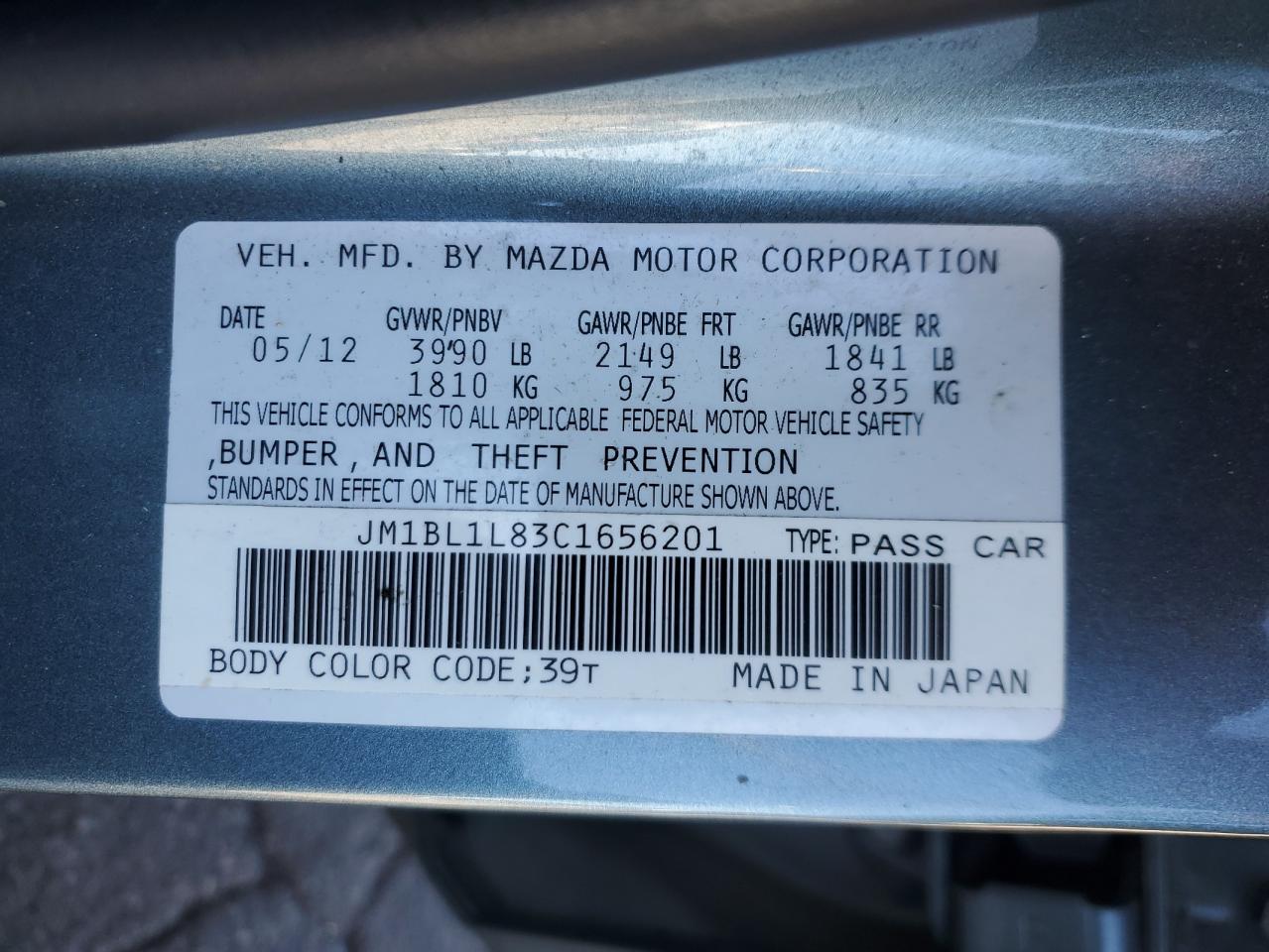 2012 Mazda 3 I VIN: JM1BL1L83C1656201 Lot: 91882985