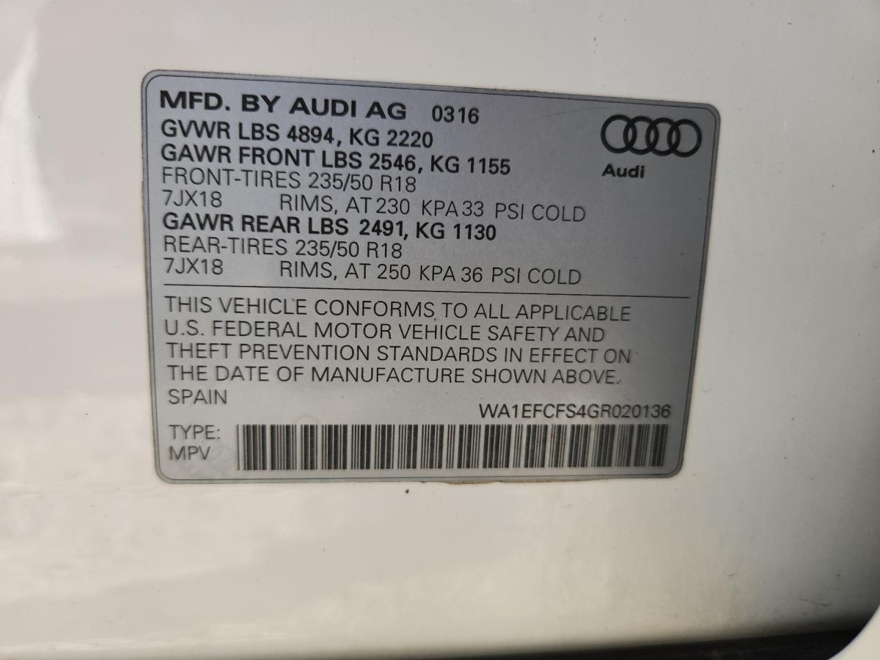 2016 Audi Q3 Premium Plus VIN: WA1EFCFS4GR020136 Lot: 91883425