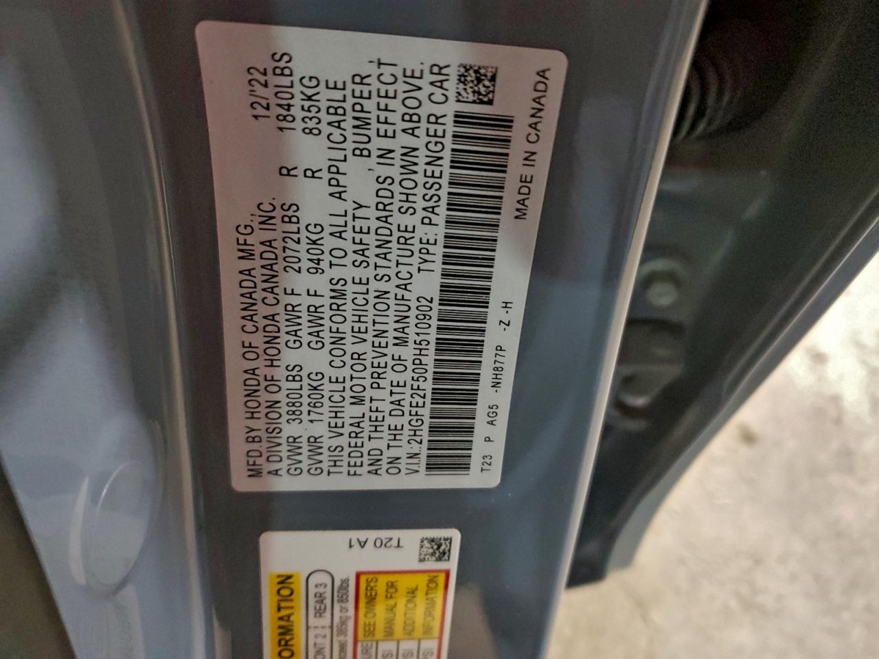 2023 Honda Civic Sport VIN: 2HGFE2F50PH510902 Lot: 94502655