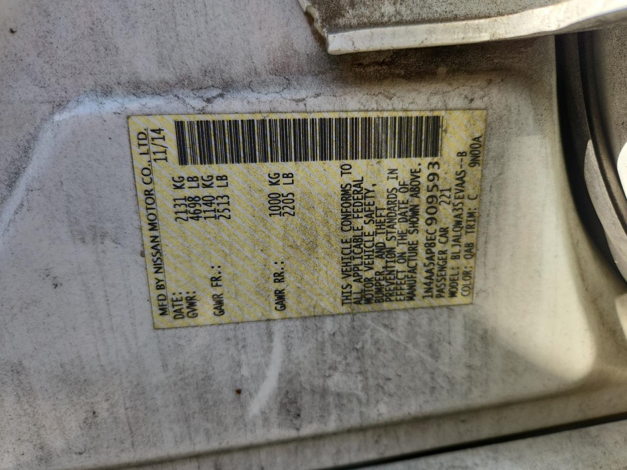 2014 Nissan Maxima S VIN: 1N4AA5AP8EC909593 Lot: 92513685