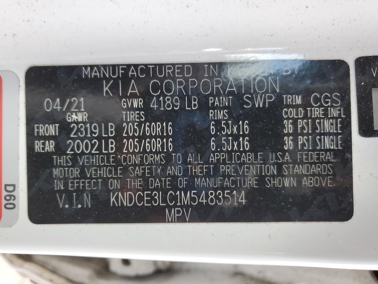 2021 Kia Niro Ex Premium VIN: KNDCE3LC1M5483514 Lot: 92095105