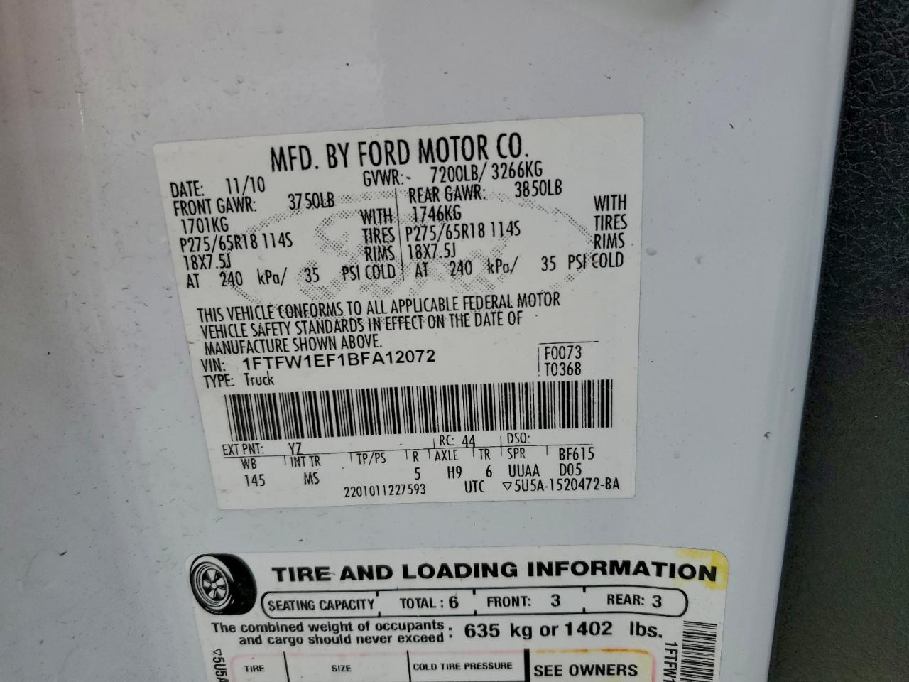 2011 Ford F150 Supercrew VIN: 1FTFW1EF1BFA12072 Lot: 94092305