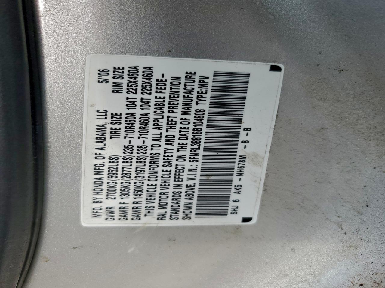 2006 Honda Odyssey Touring VIN: 5FNRL38816B104808 Lot: 93982525