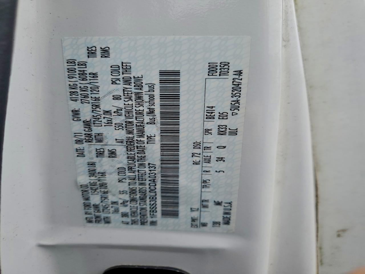 2012 Ford Econoline E350 Super Duty Wagon VIN: 1FBSS3BL0CDA03137 Lot: 94285265