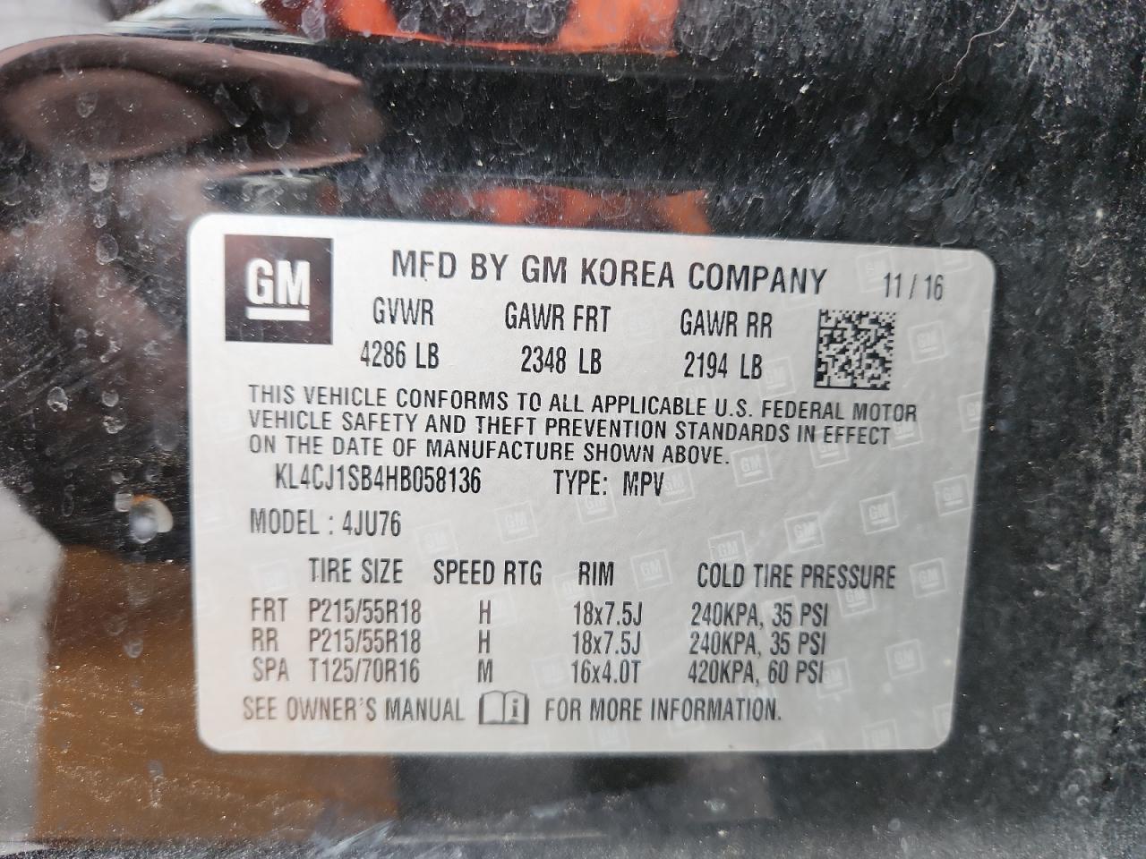 2017 Buick Encore Sport Touring VIN: KL4CJ1SB4HB058136 Lot: 85432465