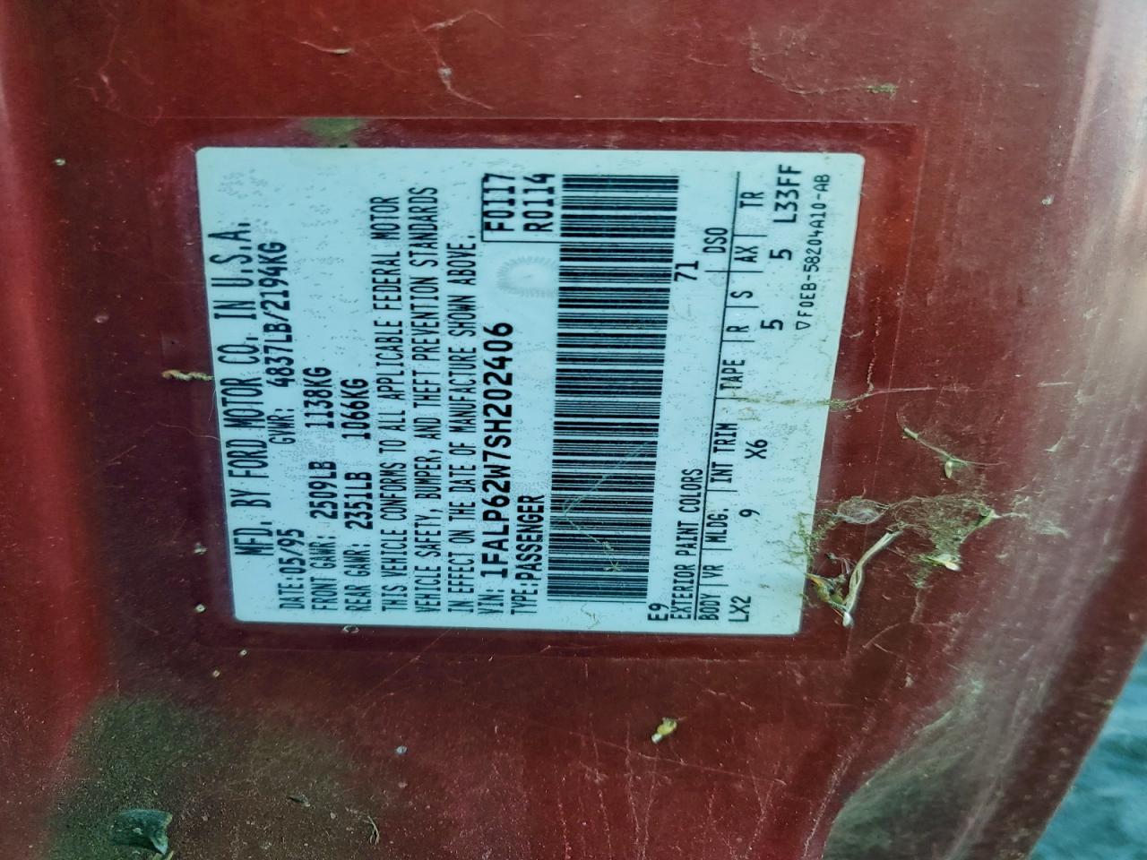 1995 Ford Thunderbird Lx VIN: 1FALP62W7SH202406 Lot: 94179325