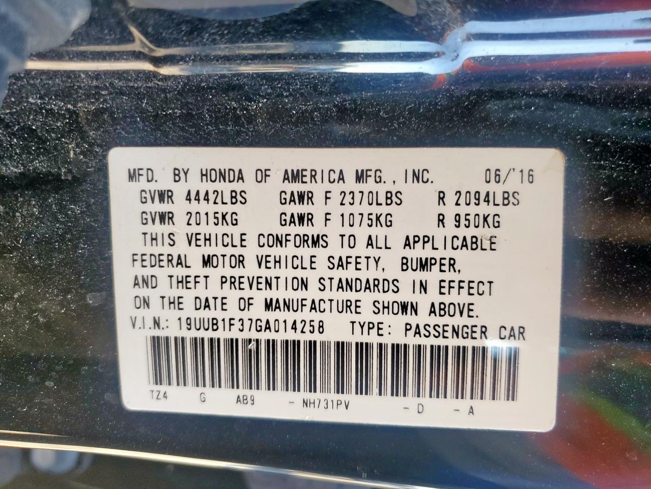 2016 Acura Tlx VIN: 19UUB1F37GA014258 Lot: 92380015