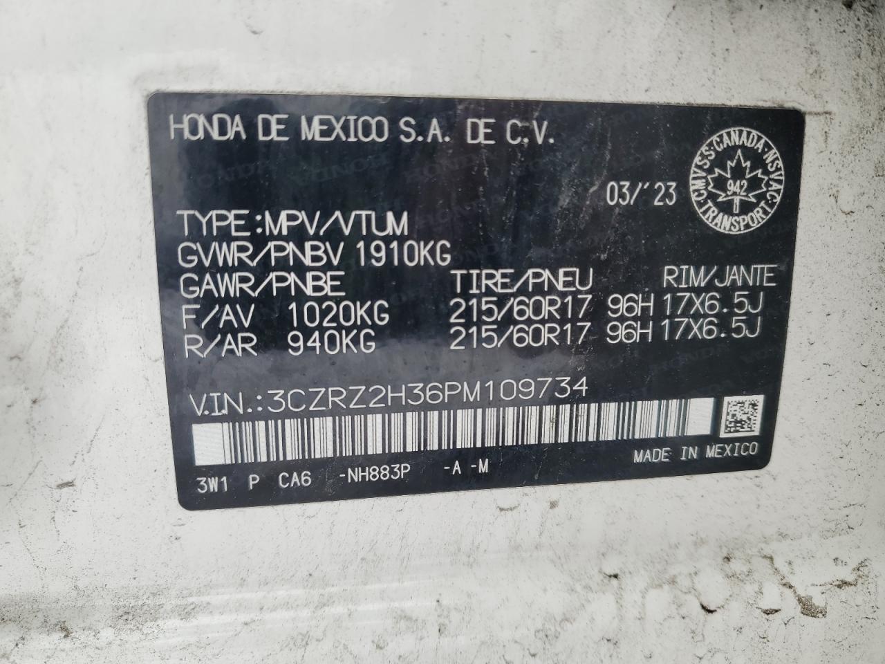 2023 Honda Hr-V Lx VIN: 3CZRZ2H36PM109734 Lot: 91293255