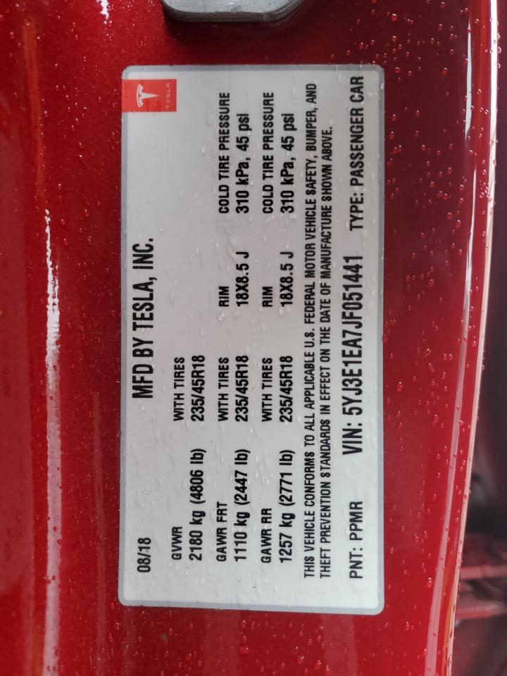 2018 Tesla Model 3 VIN: 5YJ3E1EA7JF051441 Lot: 93254895