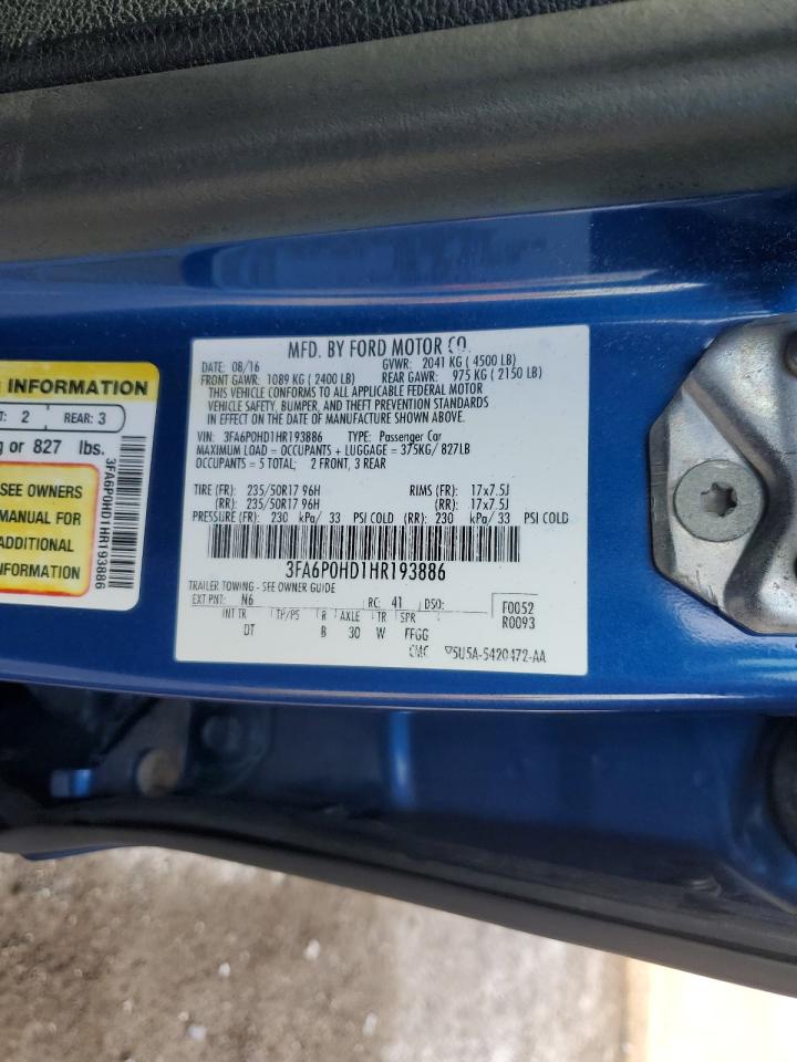 2017 Ford Fusion Se VIN: 3FA6P0HD1HR193886 Lot: 91466285