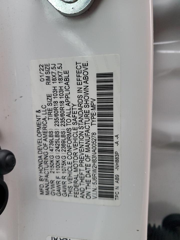 2022 Honda Cr-V Exl VIN: 5J6RW2H83NA005278 Lot: 92497265