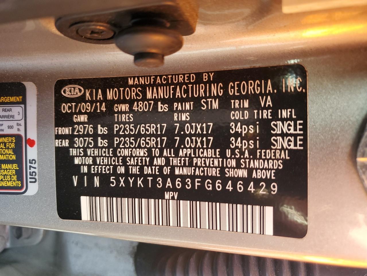 2015 Kia Sorento Lx VIN: 5XYKT3A63FG646429 Lot: 91634285