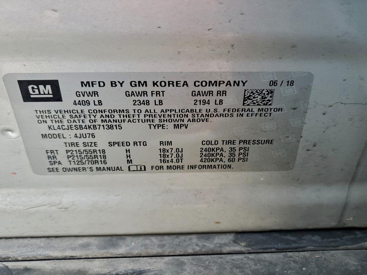 2019 Buick Encore Preferred VIN: KL4CJESB4KB713815 Lot: 93823095