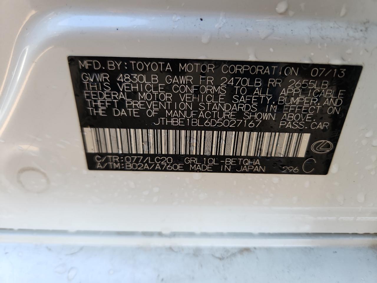 2013 Lexus Gs 350 VIN: JTHBE1BL6D5027167 Lot: 92440065