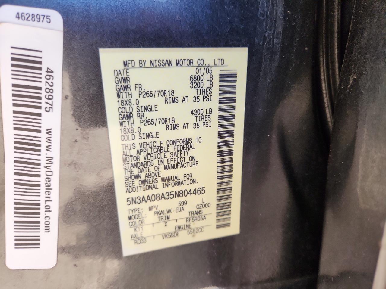 2005 Infiniti Qx56 VIN: 5N3AA08A35N804465 Lot: 91304755