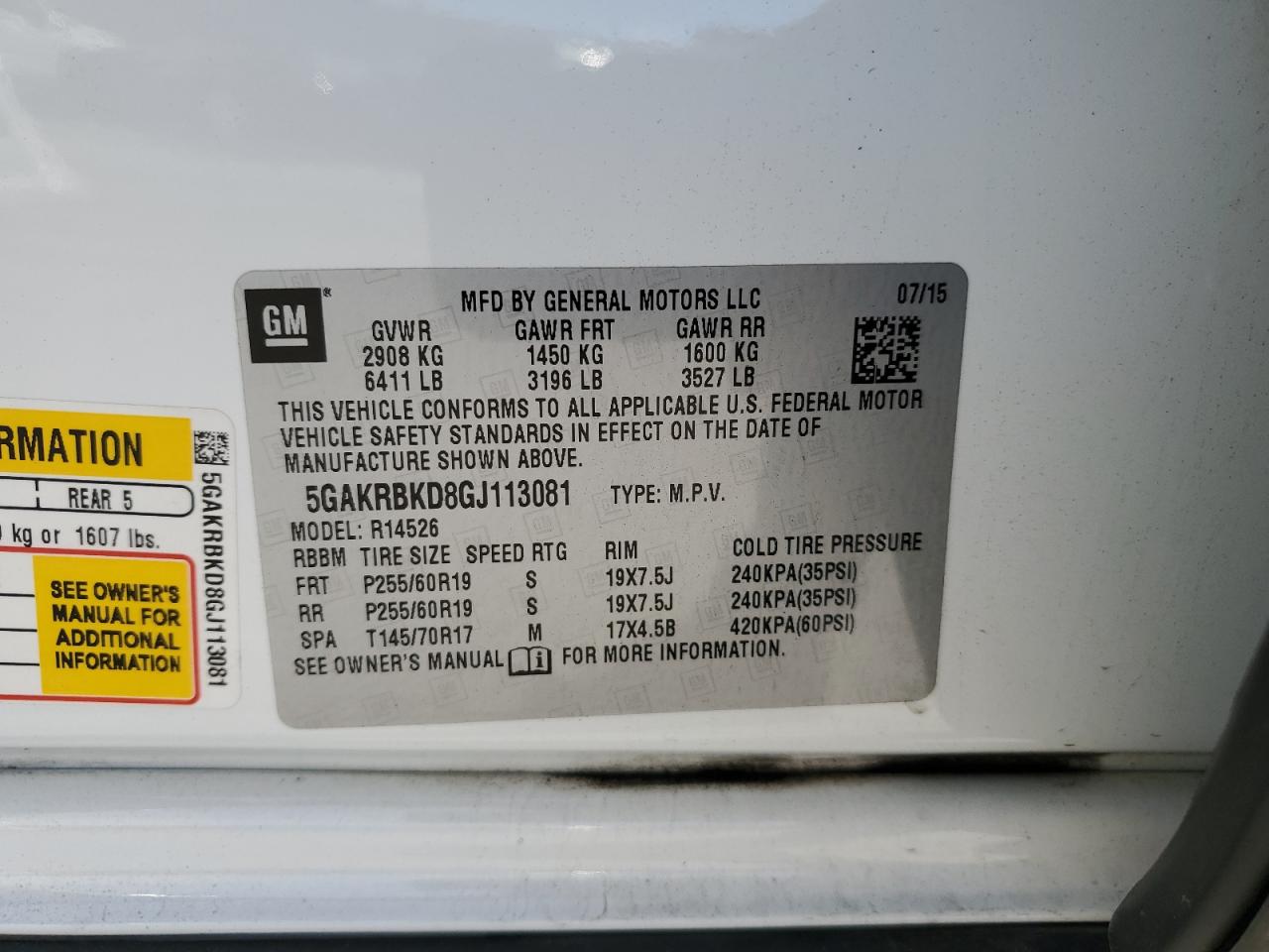 2016 Buick Enclave VIN: 5GAKRBKD8GJ113081 Lot: 91605305