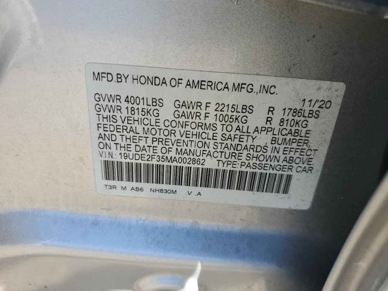 2021 Acura Ilx VIN: 19UDE2F35MA002862 Lot: 92393685