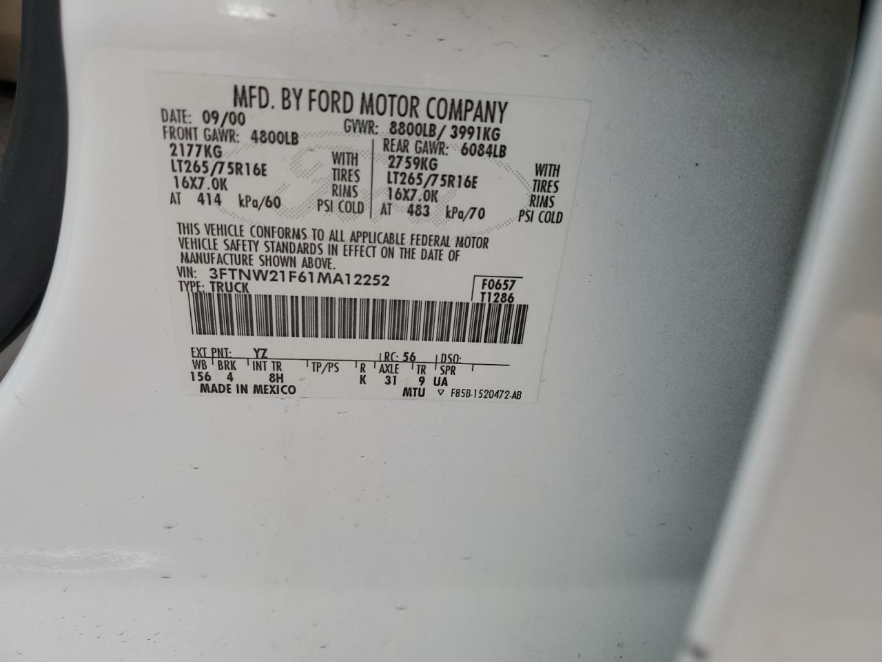 2001 Ford F250 Super Duty VIN: 3FTNW21F61MA12252 Lot: 92865795