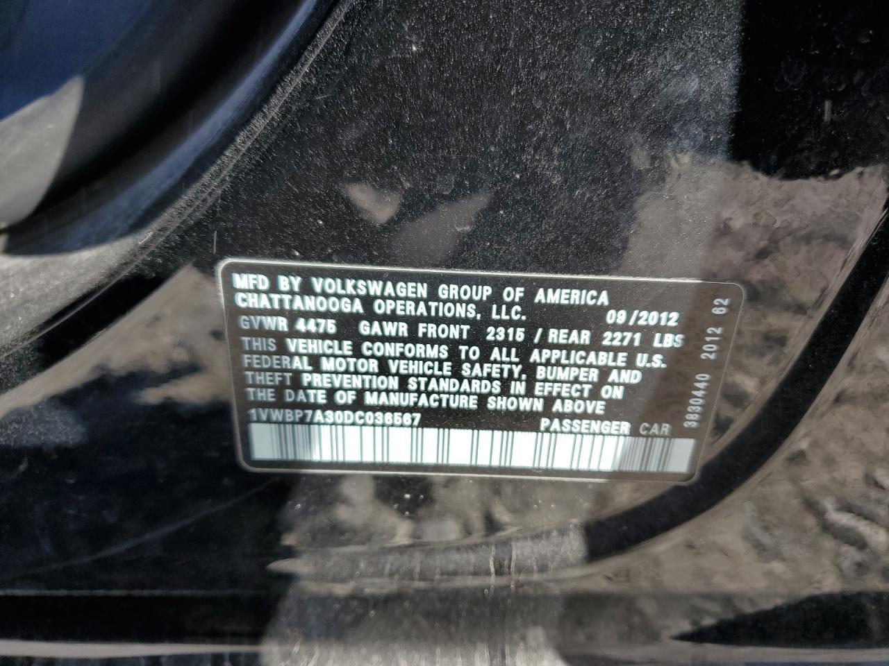 2013 Volkswagen Passat Se VIN: 1VWBP7A30DC036567 Lot: 92115065