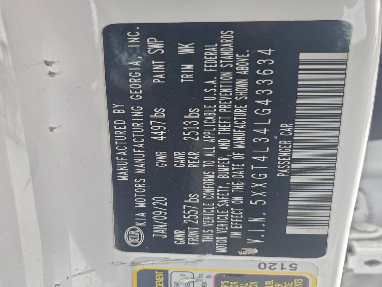 2020 Kia Optima Lx VIN: 5XXGT4L34LG433634 Lot: 93838615