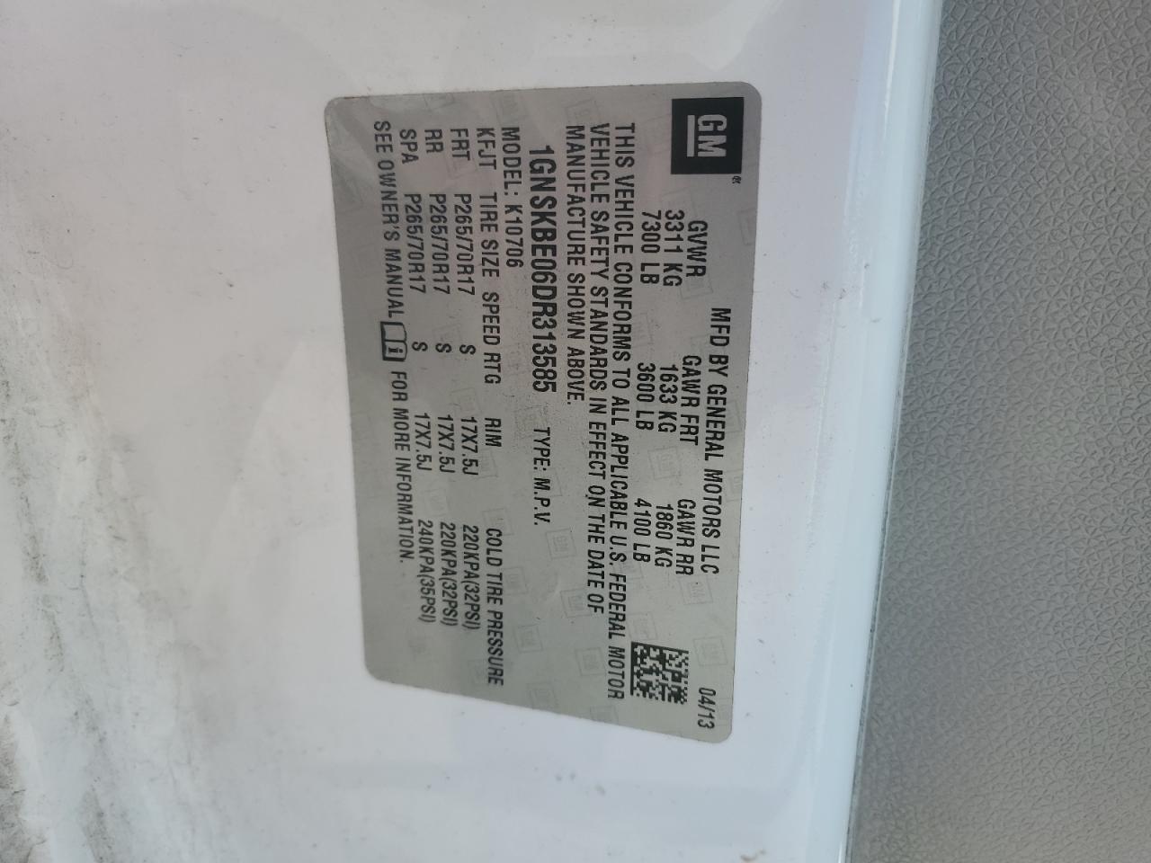 2013 Chevrolet Tahoe K1500 Lt VIN: 1GNSKBE06DR313585 Lot: 85948845