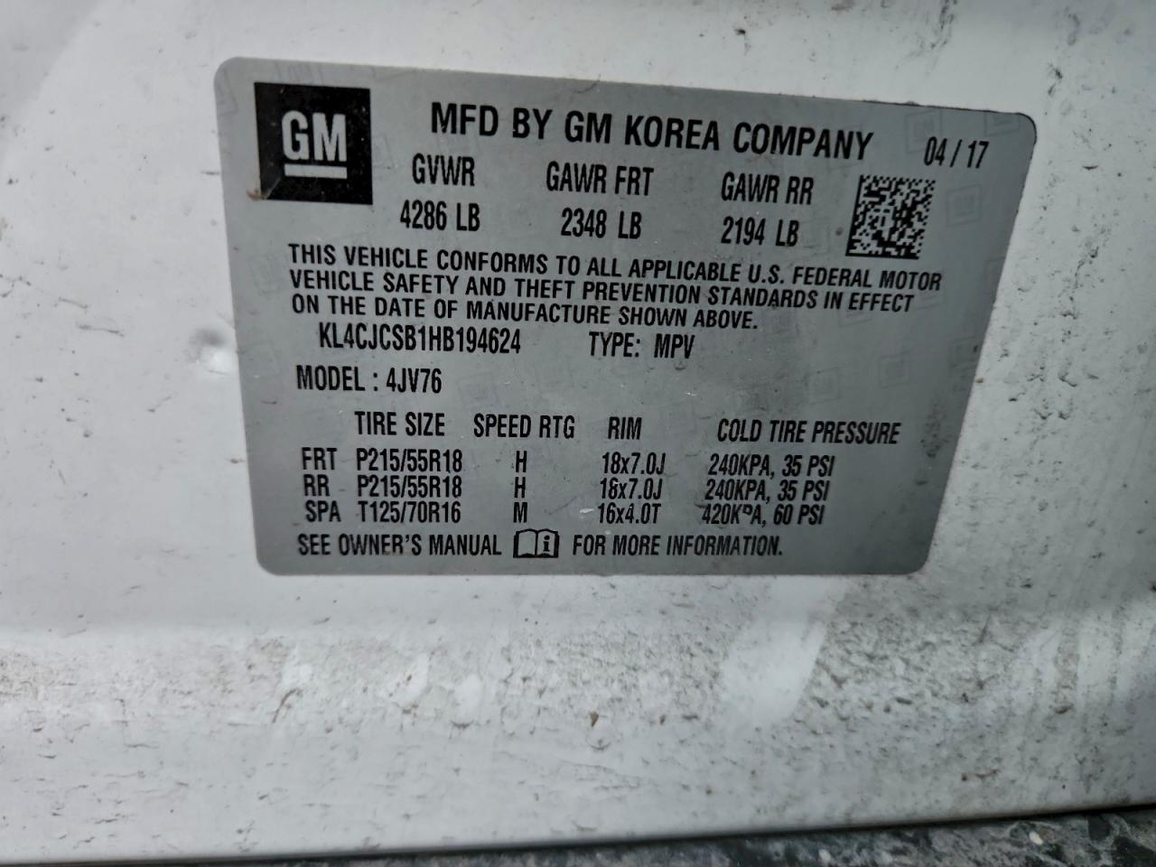 2017 Buick Encore Essence VIN: KL4CJCSB1HB194624 Lot: 94295445