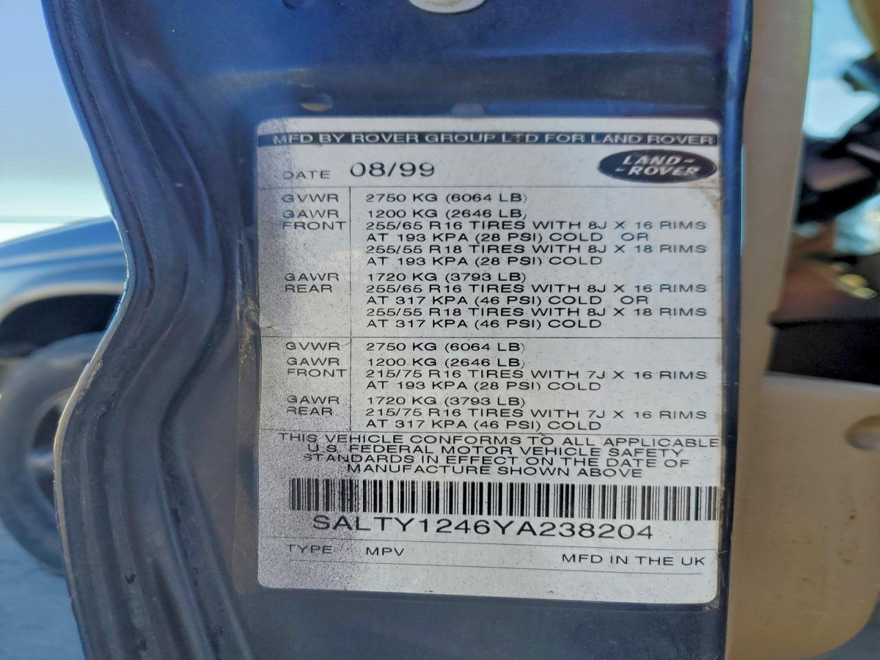 2000 Land Rover Discovery Ii VIN: SALTY1246YA238204 Lot: 94652085