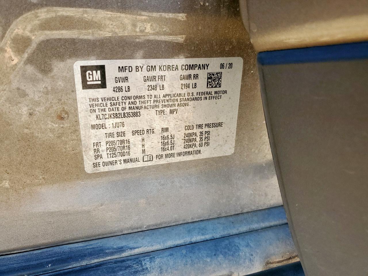 2020 Chevrolet Trax Ls VIN: KL7CJKSB2LB353883 Lot: 91887945