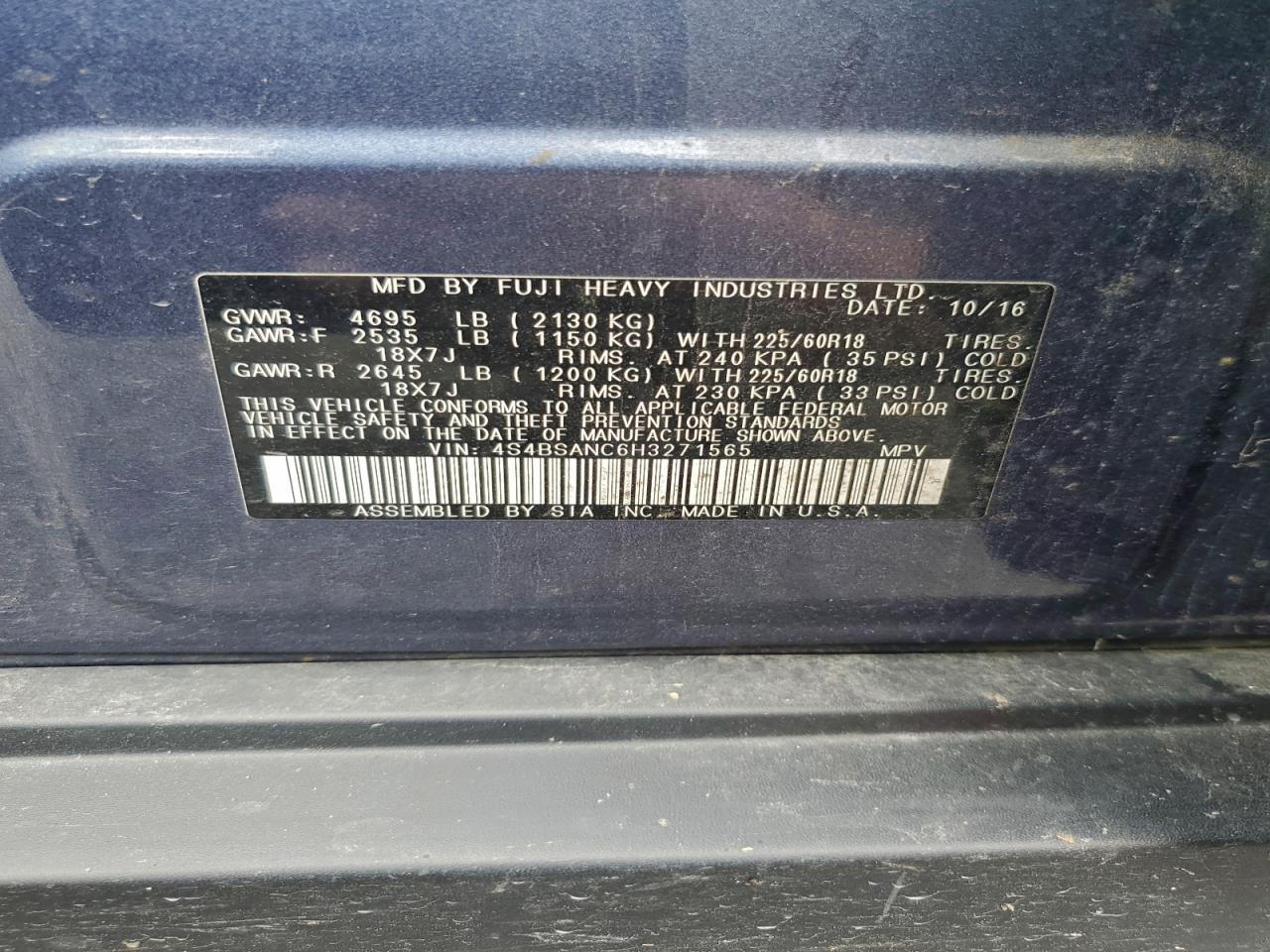 2017 Subaru Outback 2.5I Limited VIN: 4S4BSANC6H3271565 Lot: 93186995