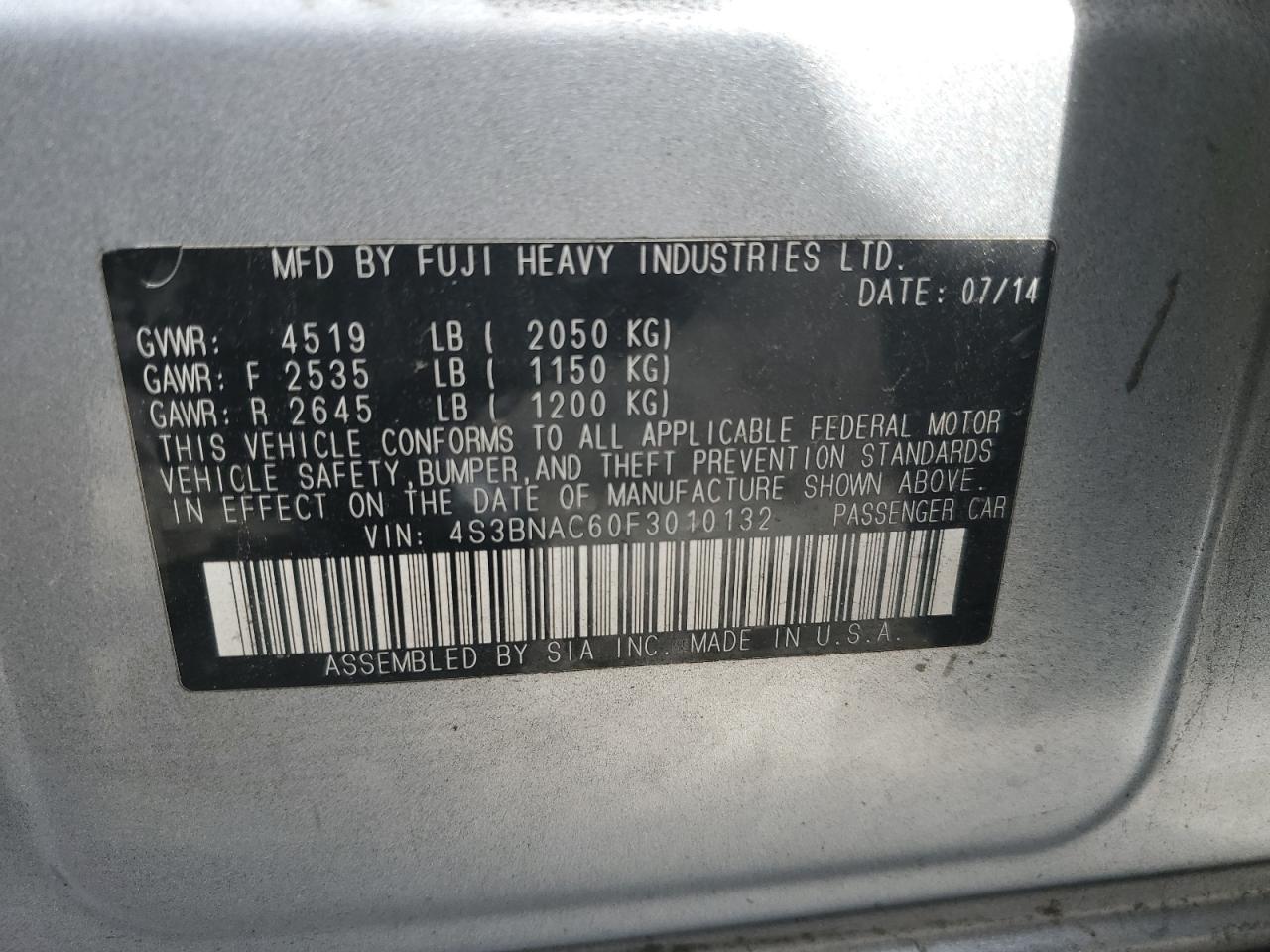 2015 Subaru Legacy 2.5I Premium VIN: 4S3BNAC60F3010132 Lot: 92862355